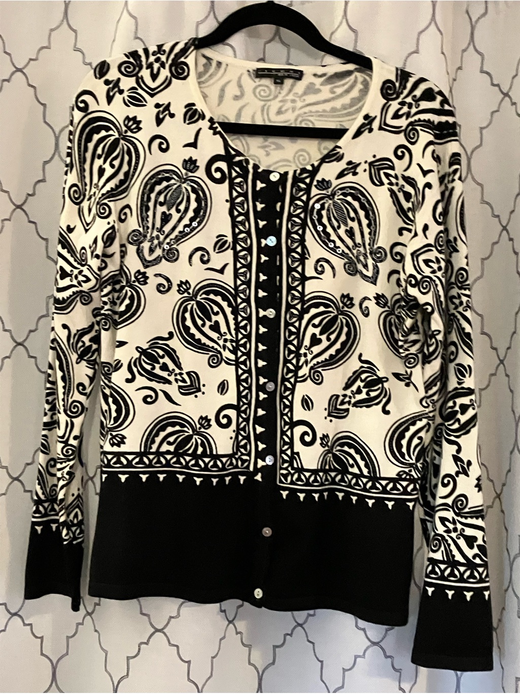 Pierri New York Beaded Black & Cream Paisley Button Cardigan